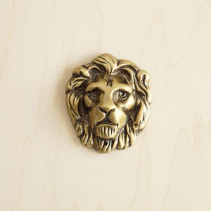 May include: A gold lion head sculpture with a detailed mane and a serious expression.