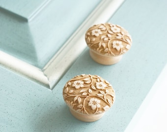 Tirador de armario de arce floral de 3,17 cm (1,25"), tirador de cajón de madera tallada, herrajes de armario de estilo rústico vintage, pomo de cocina botánico, tirador de muebles de madera para bricolaje.