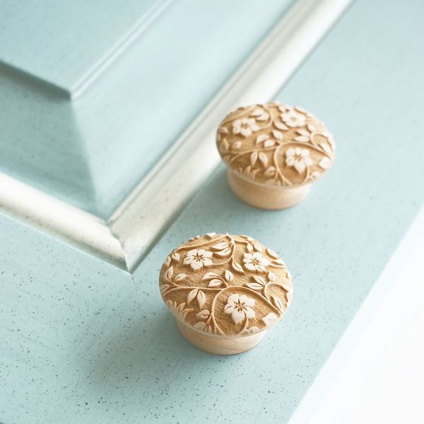 1.25" MAPLE | ALICE - Floral Solid Wood Cabinet Knob, Designer Wood Pull, Drawer Pull, Wood Handle, Do It Yourself, DIY