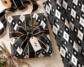 Black and White Wrapping Paper | Retro Harlequin Gift Wrap | Mid Century Modern Geometric Wrapping Paper | Elegant Gift Wrap | 716-295