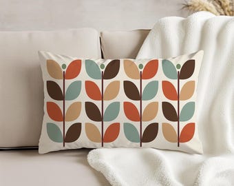 Mid Century Modern Lumbar Pillow | Retro Botanical Throw Pillow Terracotta Sage Brown MCM Decor 60s 70s Geometric Accent Pillow | 716-292