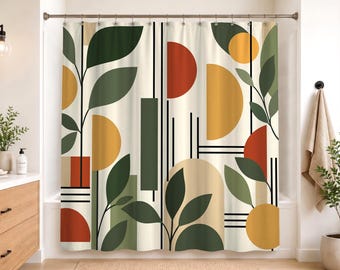 Mid Century Modern Shower Curtain | Botanical Geometric Bath Decor | Retro Leaf Pattern | Terracotta Olive Green Mustard Cream | 716-293