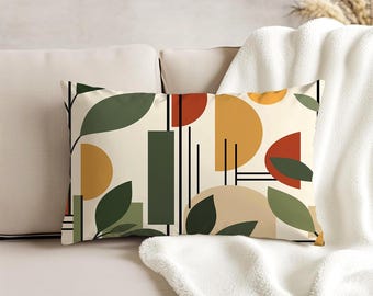 Mid Century Modern Lumbar Pillow | Botanical Geometric Throw Pillow | Retro Leaf Decor | Terracotta Olive Green Mustard Cream | 716-293