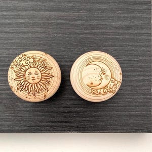 SUN and MOON | 1.25" - 1.5" | Maple - Sun & Moon pattern wooden knob, Solid Wood Cabinet Knob, Designer Wood Pull, Drawer Pull, DIY