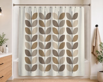 Mid Century Modern Shower Curtain | Neutral Botanical Bathroom Decor | Geometric MCM Bath Curtain Minimalist Retro Home Decor | 716-291