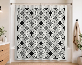 Mid Century Modern Shower Curtain | Black Gray White Geometric Bath Decor | Retro MCM Bathroom Curtain Neutral Architectural Design | A-1104
