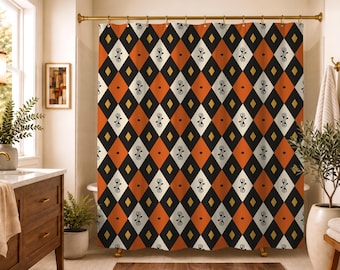 Mid Century Modern Shower Curtain | Retro Harlequin Geometric Bathroom Decor | Orange Black Cream MCM Bath Curtain | 716-294