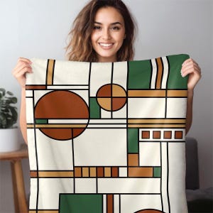 Präriestil Sherpa Fleecefilt | Mid-Century Modern Geometrisk Pläd Frank Lloyd Wright-inspirerad Arkitektonisk Heminredning | 752-647