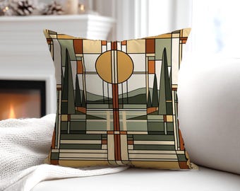 Frank Lloyd Wright Inspired Pillow | Prairie Style Geometric Throw Pillow | Mid Century Modern Landscape Cushion Green Gold Decor | 752-649