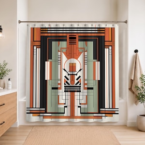 May include: A shower curtain featuring a geometric pattern with vertical and horizontal lines in shades of burnt orange, sage green, black, and white. The design consists of symmetrical rectangular blocks and circular elements arranged in a structured layout.