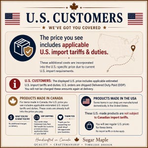 Może przedstawiać: Grafika informacyjna dla klient&oacute;w z USA dotycząca ceł i podatk&oacute;w importowych. Tekst wyjaśnia, że koszty te są wliczone w cenę produkt&oacute;w wyprodukowanych w Kanadzie, podczas gdy produkty wyprodukowane w USA są z nich zwolnione.