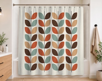 Mid Century Modern Shower Curtain | Retro Botanical Bathroom Decor Terracotta Sage Geometric MCM Bath Curtain 60s 70s Home Decor | 716-292