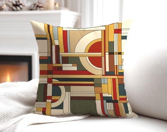 Frank Lloyd Wright Inspired Prairie Geometry Throw Pillow | Mid Century Modern Accent Cushion Decorative Pillow | 752-648