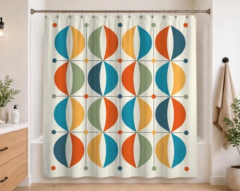 Mid Century Modern Shower Curtain | Soft White or Warm Linen Bathroom Decor MCM Geometric Bath Curtain | Abstract Modern Bathroom | 716-214
