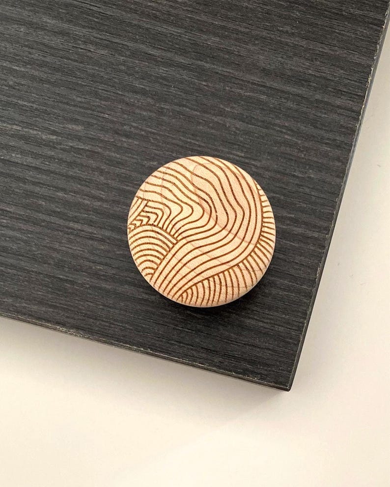 Solid Maple Cabinet Knobs | Wood Drawer Pulls Geometric Engraved Knobs | Mid Century Modern Hardware | Kitchen Cabinet Handles | Mix&Match image 1