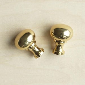 Könnte beinhalten: Zwei polierte Messing-Schrankknöpfe mit runder, leicht ovaler Form. Die Knöpfe haben eine glatte, glänzende Oberfläche.