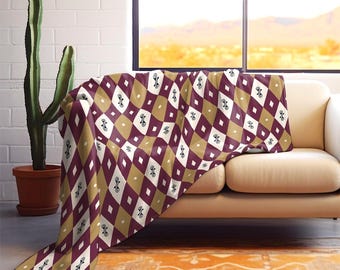 Mid Century Modern Sherpa Fleece Blanket | Retro Harlequin Geometric Throw | Burnt Orange Black Cream MCM Home Decor | 716-296