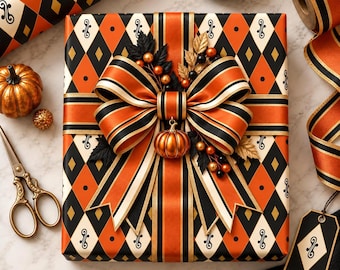 Halloween Wrapping Paper | Retro Harlequin Gift Wrap | Orange Black Geometric Halloween Paper | Mid Century Modern Gift Wrap | 716-294