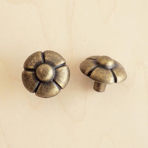 May include: Two antique brass flower-shaped cabinet knobs with a raised center and five petals.