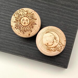 SUN and MOON | 1.25" - 1.5" | Maple - Sun & Moon pattern wooden knob, Solid Wood Cabinet Knob, Designer Wood Pull, Drawer Pull, DIY