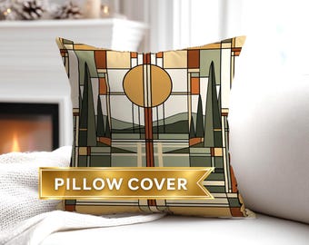 Frank Lloyd Wright Inspired Pillow Cover | Prairie Style Geometric Cushion Cover | Mid Century Modern Landscape Decor | Green Gold | 752-649