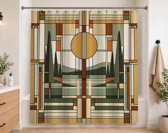 Prairie Style Shower Curtain | Arts and Crafts Landscape Bathroom Decor | Mission Style Geometric Mid Century Modern Bath Curtain | 752-649