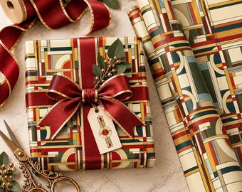 Mid Century Modern Wrapping Paper | Prairie Style Geometric Architectural Retro Gift Paper | Christmas Holiday Gift Wrap | 752-648