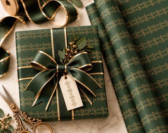 Mid Century Modern Wrapping Paper | Forest Green Gold Geometric Gift Wrap | Retro MCM Gift Paper | Elegant Holiday Wrapping Paper | W-1005