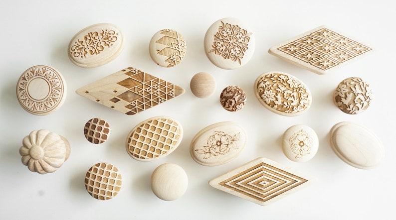 Solid Maple Cabinet Knobs | Wood Drawer Pulls Geometric Engraved Knobs | Mid Century Modern Hardware | Kitchen Cabinet Handles | Mix&Match image 6