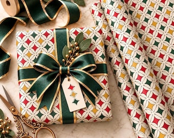 Christmas Wrapping Paper | Mid Century Modern Gift Wrap | Retro Geometric Red Green Gold Holiday Gift Paper | MCM Christmas Wrap | A-1104