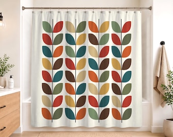 Mid Century Modern Shower Curtain | Retro Botanical Geometric Bathroom Decor 60s 70s MCM Bath Curtain Colorful Housewarming Gift | 716-290