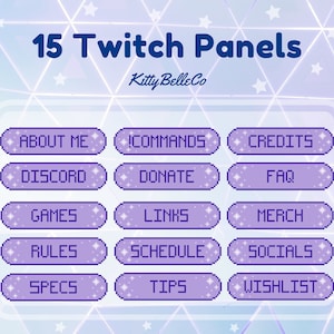 Peut inclure: Quinze panneaux Twitch violets avec du texte blanc et des étoiles. Les panneaux sont étiquetés : À propos de moi, !Commandes, Crédits, Discord, Faire un don, FAQ, Jeux, Liens, Marchandise, Règles, Horaire, Réseaux sociaux, Spécifications, Conseils et Liste de souhaits.