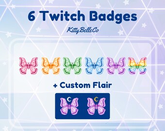 Puede incluir: Seis insignias de Twitch de mariposa de colores con un diseño de media luna. Las insignias están en un esquema de colores arcoíris, con mariposas rosas, naranjas, verdes, azules, moradas y amarillas. El texto "6 Twitch Badges" y "KittyBelleCo" están en la parte superior de la imagen. El texto "Custom Flair" está debajo de las insignias. Dos mariposas moradas con un diseño de media luna se muestran en un cuadrado azul debajo del texto "Custom Flair".