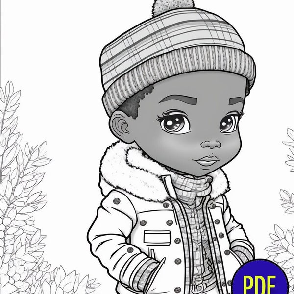 Updated! Chibi Big-headed Cute African-American Black Boy in snow and Jean Jacket with Grayscale shading - Printable PDF coloring page