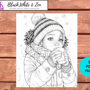 Dolcezza al cacao lentigginosa che sorseggia cioccolata calda nella neve - Pagina da colorare stampabile di Natale inverno afro-americano in PDF