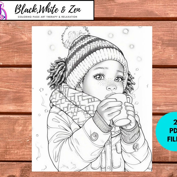 Freckled cocoa cutie sipping hot chocolate in the snow - Xmas Winter African-American coloring page printable PDF download