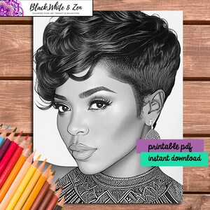 May include: Black and white line art coloring page of a woman with short, curly hair. The woman is wearing a patterned top and has a serious expression on her face. The text "printable pdf instant download" is in the bottom right corner of the image.