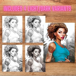 African American Woman w/updo tank & tattoos  - 4 variations/darknesses printable Black coloring pages PDF