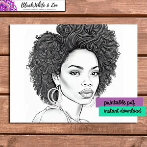 UPDATED! Beautiful Black Woman with Hoop Earrings and Fly Hair - Adult Coloring page African-American Printable PDF