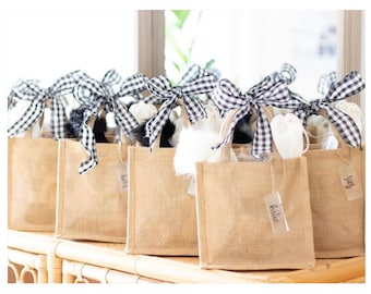 10 PACK Bachelorette Party Favors, Wedding Welcome Bags, Bridesmaid Bags, Burlap Tote Bags, Jute Gift Bags, Wedding Party Gifts, Small 8 x 8