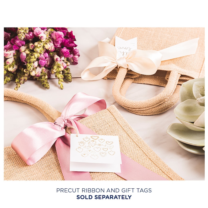 May include: Two burlap gift bags with pink and cream ribbon bows. One bag has a white gift tag with gold hearts. The text "Precut ribbon and gift tags sold separately" is at the bottom of the image.