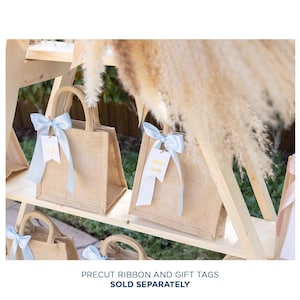 May include: A wooden shelf display with small burlap bags decorated with blue ribbon and gold gift tags. The tags read "with love".