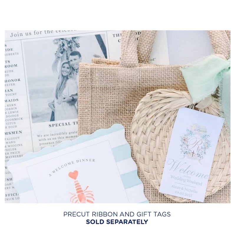 May include: A welcome dinner invitation with a lobster illustration and a burlap tote bag with a woven fan and a gift tag that says "Welcome" with a cross and the text "Alexis & Nicholas 09.03.2023".