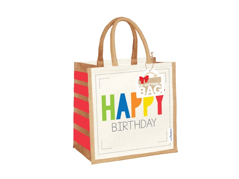May include: A reusable jute tote bag with red and white stripes and the words "Happy Birthday" in colorful letters. The bag has a tag that says "Re-giftable Bag".
