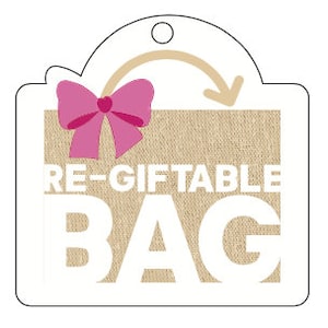 May include: A brown and white gift bag with a pink bow and the text "RE-GIFTABLE BAG" printed on the front.