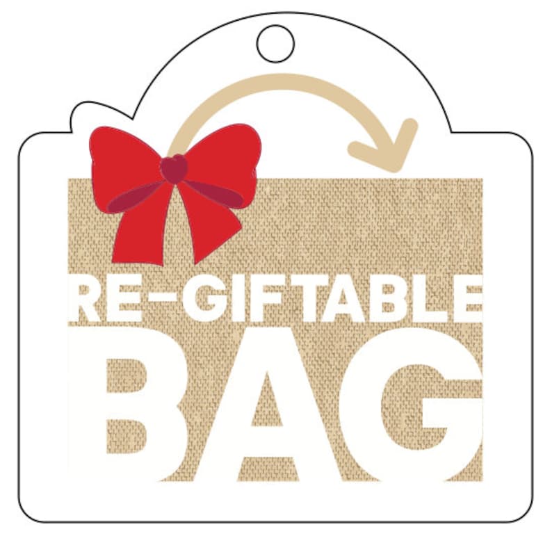 May include: A white gift bag with a brown burlap texture and the text "RE-GIFTABLE BAG". A red bow with a white center is on top of the bag.