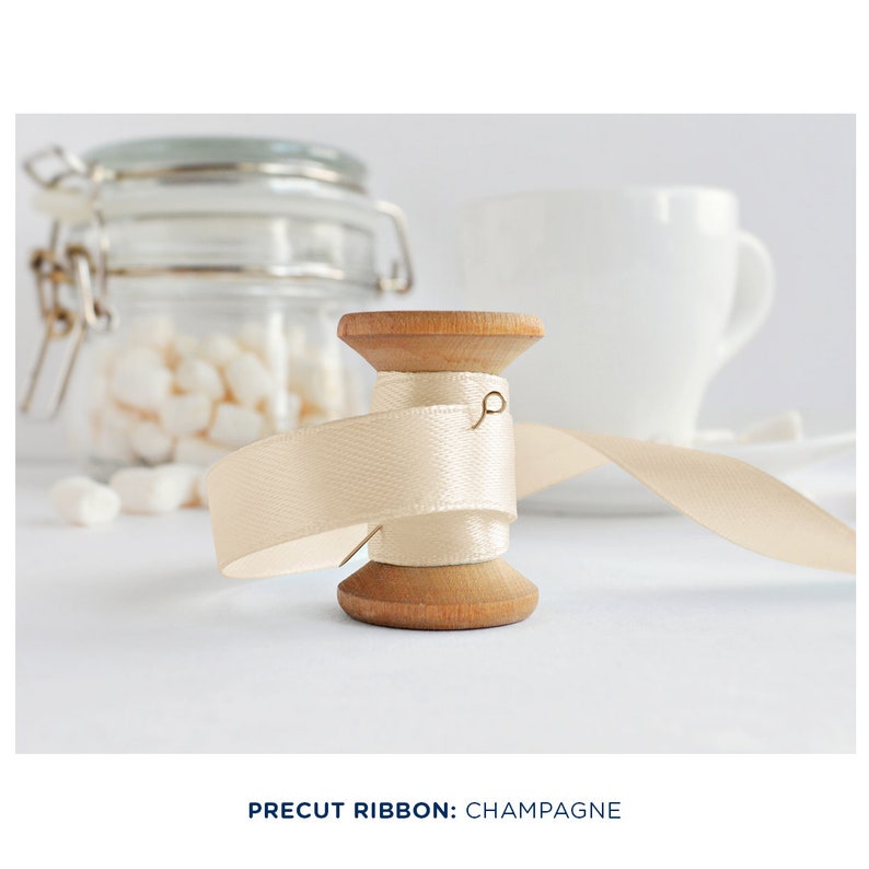 May include: A wooden spool of champagne coloured ribbon with a gold pin. The ribbon is wrapped around the spool and is ready to be used for crafting or decorating.