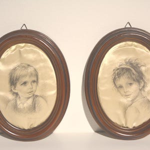 vintage framed without cover oval Giuseppe Tarantino drawing on silk - made in Italy - SOLD INDIVIDUALLY