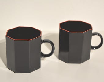 set of 2 vintage 80's Arcoroc Octime black & red octagonal coffee cups Ø 7 cm - made in France