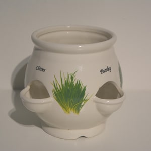 May include: A white ceramic herb planter with three planting holes. The planter is round and features the words "Chives" and "Parsley". A green and yellow illustration of herbs is in the center of the planter.